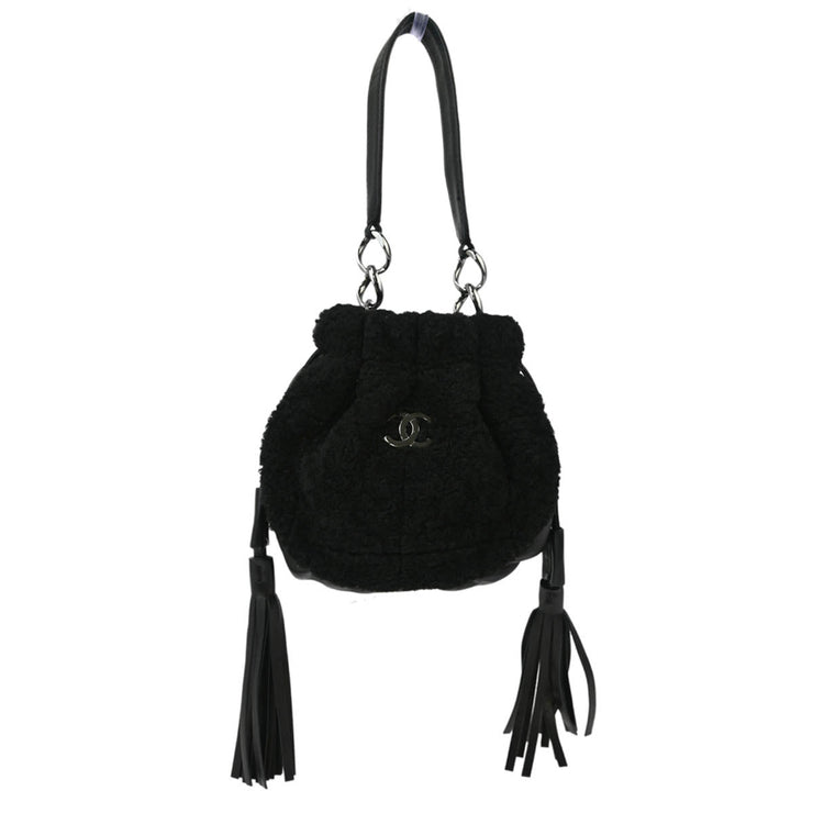 Chanel Black Fur Lambskin Drawstring Handbag