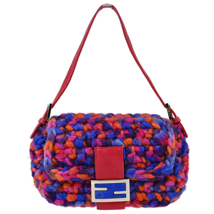 Fendi Blue Pink Wool Baguette Handbag