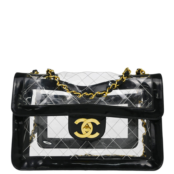 Chanel 1994-1996 Black Clear Vinyl Maxi Classic Flap Shoulder Bag