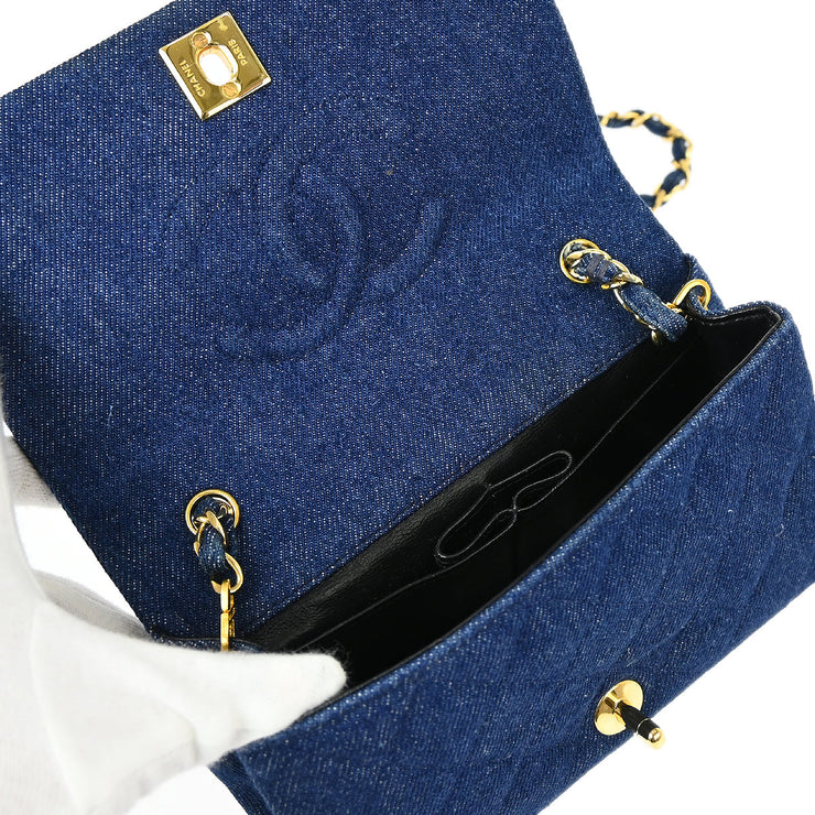 Chanel 1989-1991 Blue Denim Turnlock Mini Full Flap Shoulder Bag