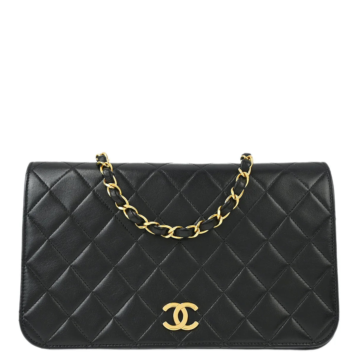 Chanel 1996-1997 Black Lambskin Pushlock Small Full Flap Shoulder Bag