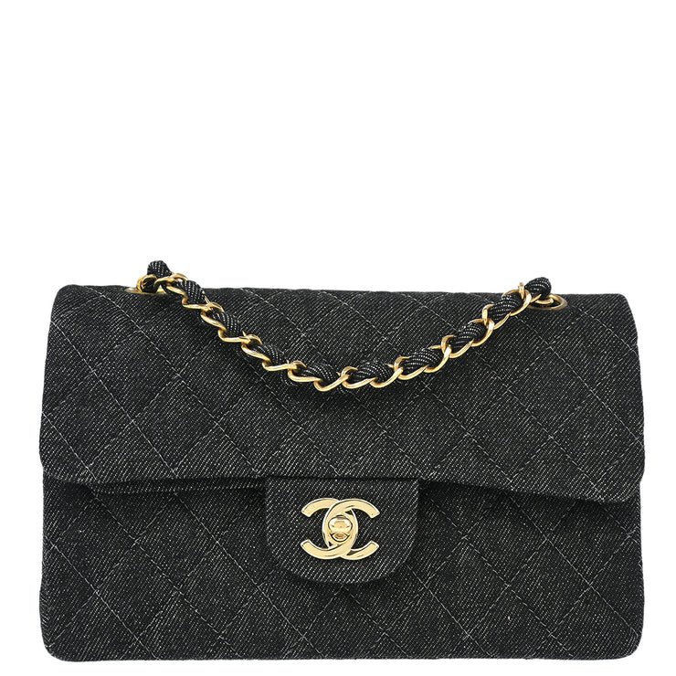 Chanel 1997-1999 Black Denim Small Classic Double Flap Shoulder Bag