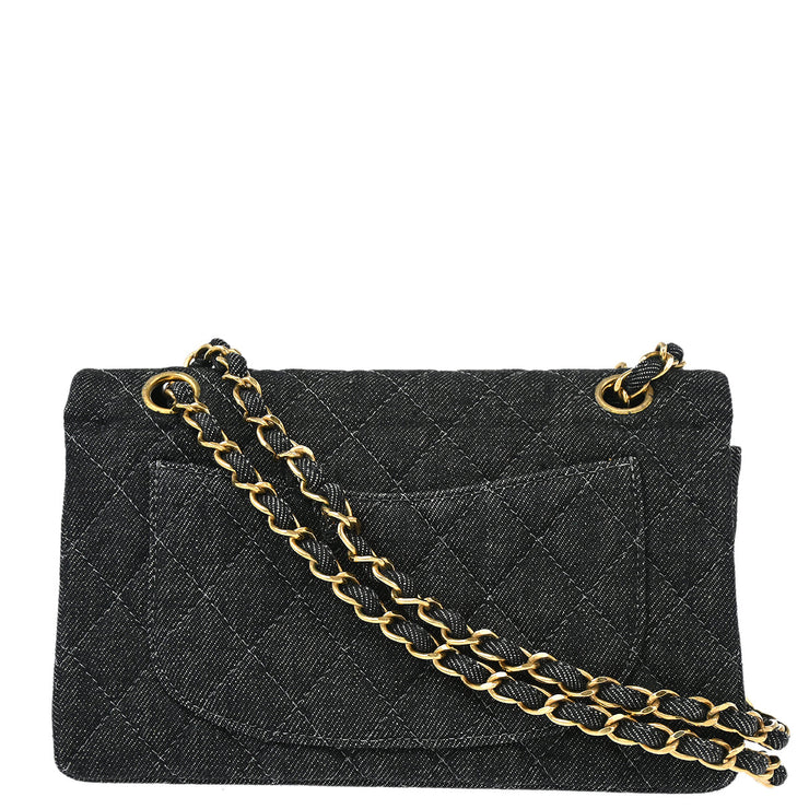 Chanel 1997-1999 Black Denim Small Classic Double Flap Shoulder Bag