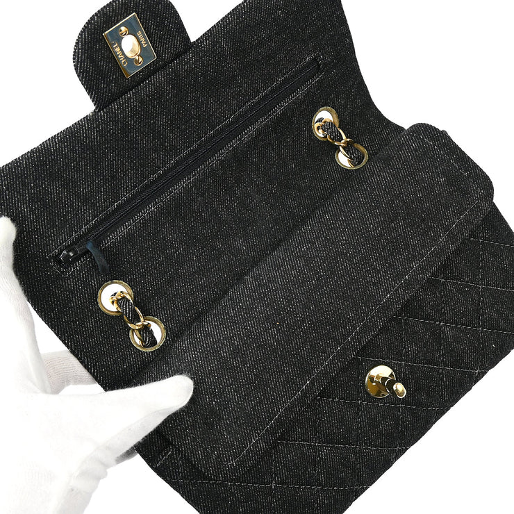 Chanel 1997-1999 Black Denim Small Classic Double Flap Shoulder Bag