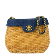 Chanel 1997-1999 Beige Blue Rattan Denim Basket Shoulder Bag