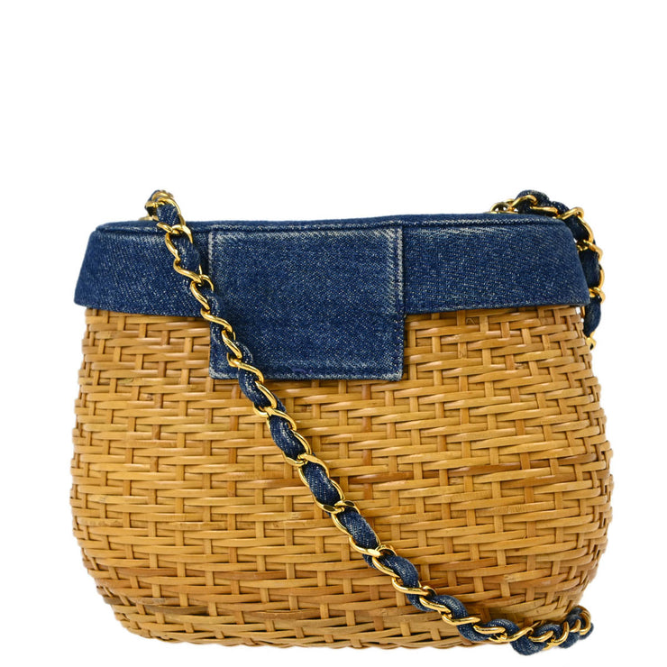 Chanel 1997-1999 Beige Blue Rattan Denim Basket Shoulder Bag