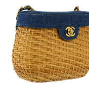 Chanel 1997-1999 Beige Blue Rattan Denim Basket Shoulder Bag