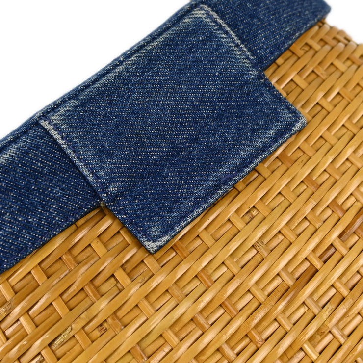 Chanel 1997-1999 Beige Blue Rattan Denim Basket Shoulder Bag