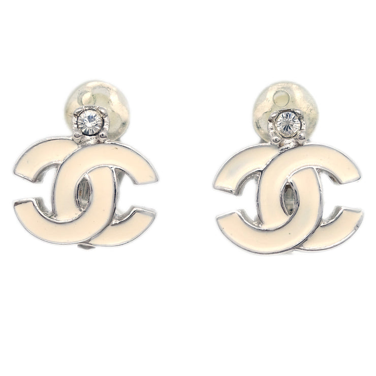 Chanel Earrings Clip-On White Silver 05P