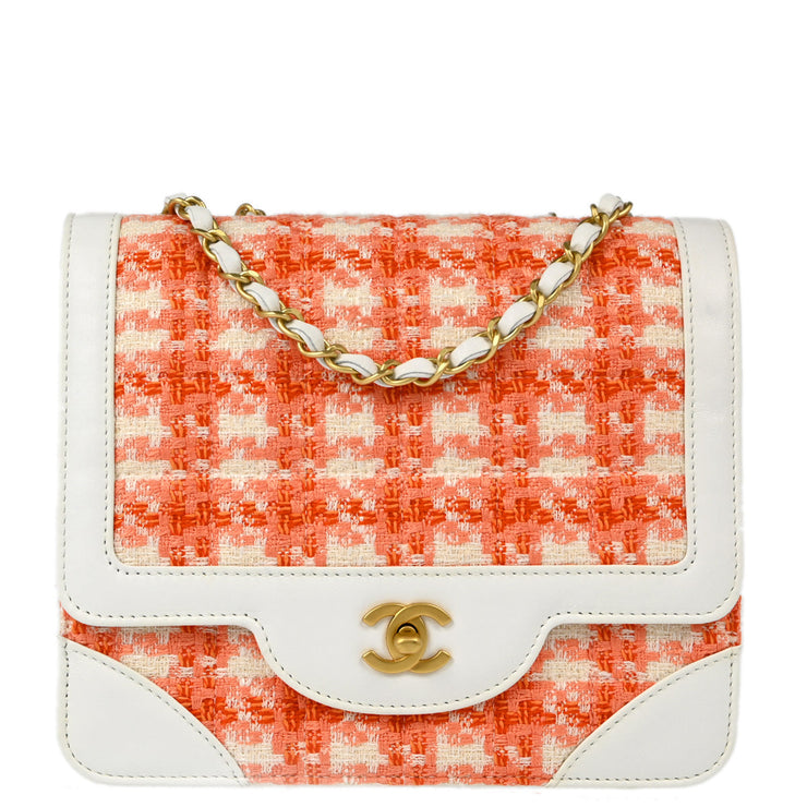 Chanel 2000-2002 White Orange Tweed Single Flap Shoulder Bag