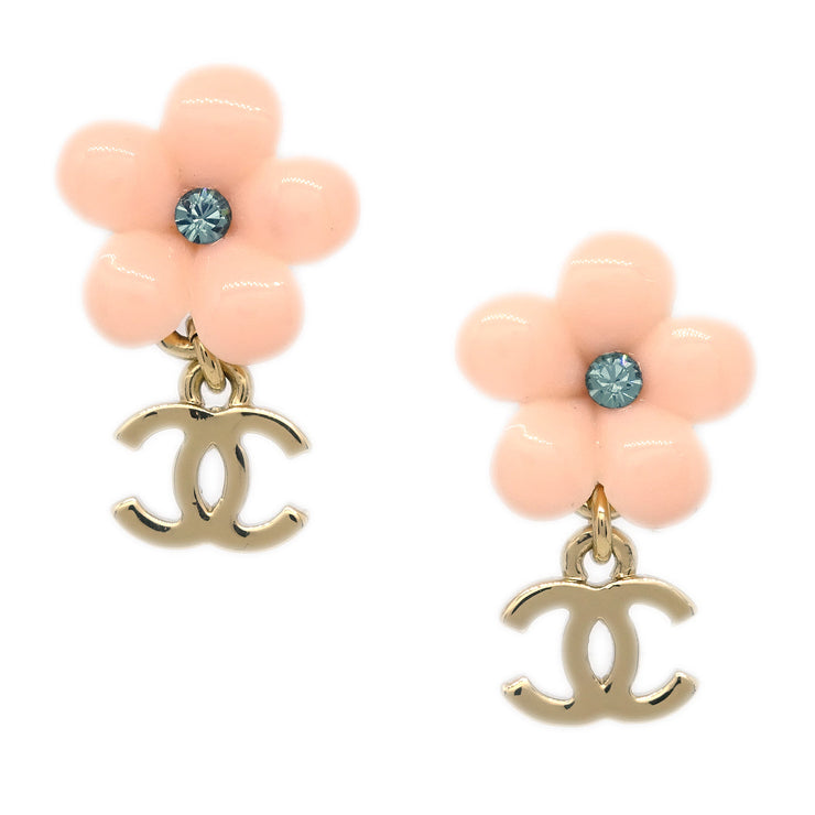 Chanel CC Flower Dangle Piercing Earrings Gold Pink 05A