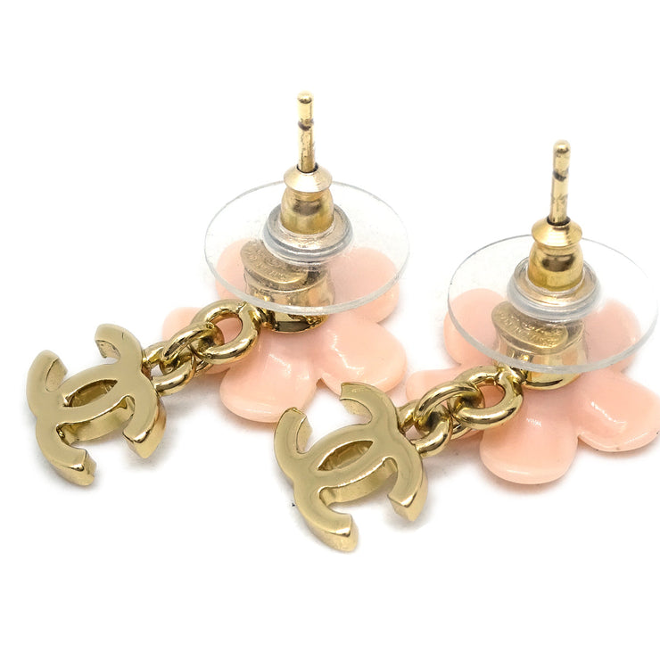 Chanel CC Flower Dangle Piercing Earrings Gold Pink 05A