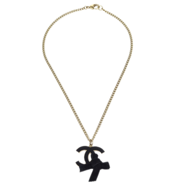 Chanel Bow CC Chain Necklace Pendant Gold Black 07C