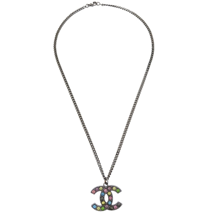 Chanel CC Chain Necklace Pendant Rhinestone Silver 05A