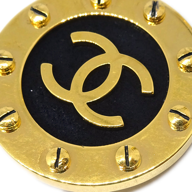 Chanel Button Earrings Clip-On Black Gold 93P