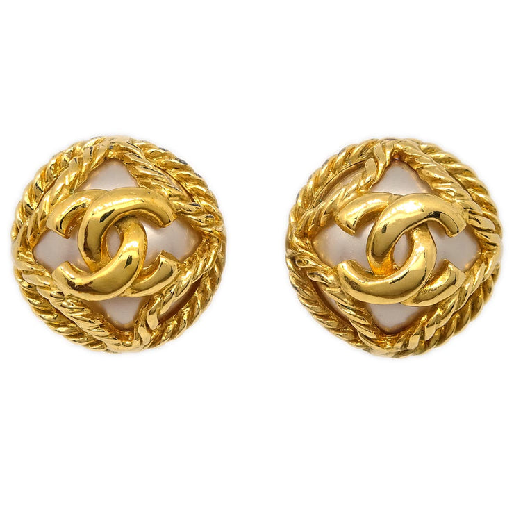 Chanel Button Artificial Pearl Earrings Clip-On Gold 95A