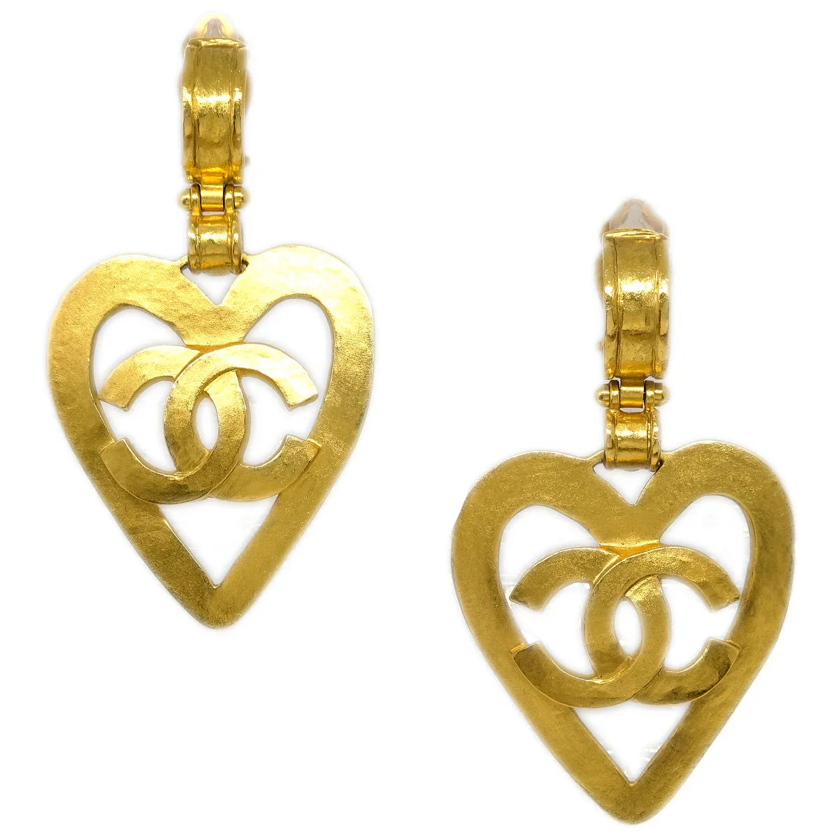 Chanel Dangle Heart Earrings Gold Clip-On 95P