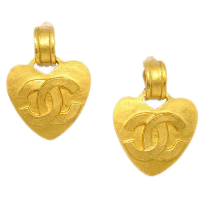 Chanel Dangle Heart Earrings Clip-On Gold 95P