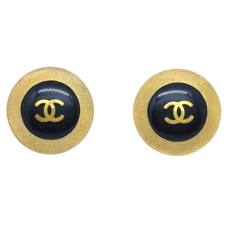 Chanel Button Earrings Clip-On Black Gold 94P