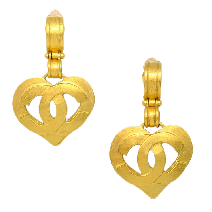 Chanel Dangle Heart Earrings Clip-On Gold 95P