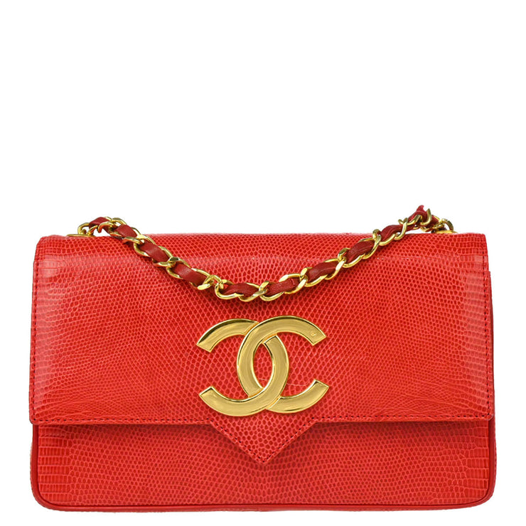 Chanel 1989-1991 Red Lizard Single Flap Shoulder Bag