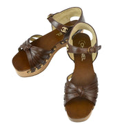 Chanel * Brown Leather Wood Shoes Sandals #38