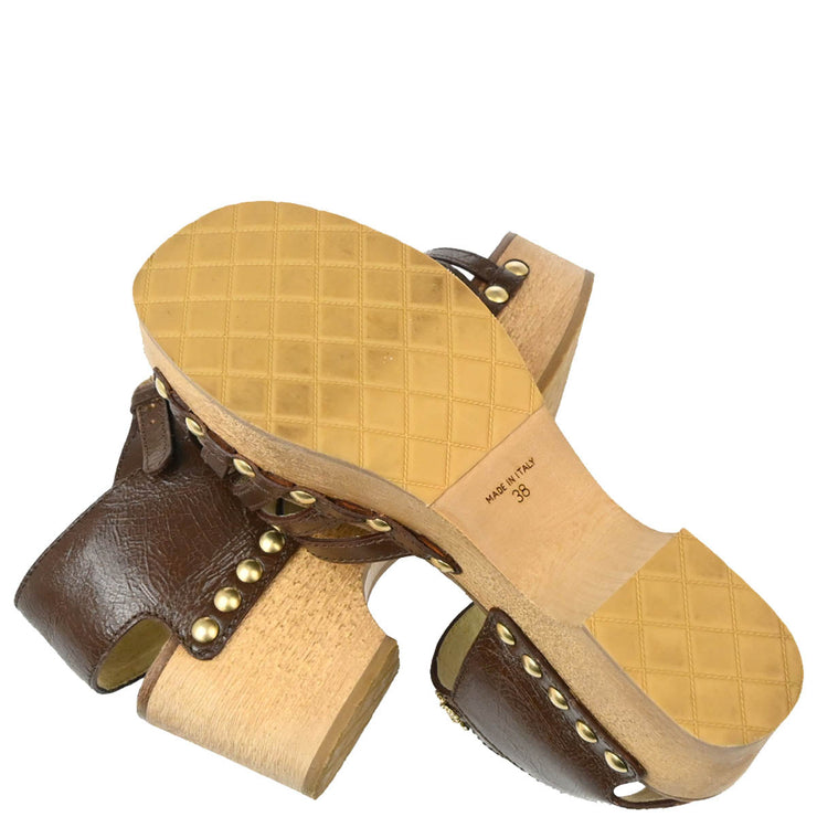 Chanel * Brown Leather Wood Shoes Sandals #38