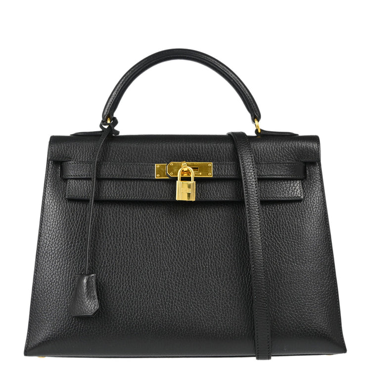 Hermes 1994 Black Ardennes Kelly 32 Sellier Handbag