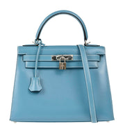 Hermes Blue Jean Box Calf Kelly 28 Sellier 2way Shoulder Handbag