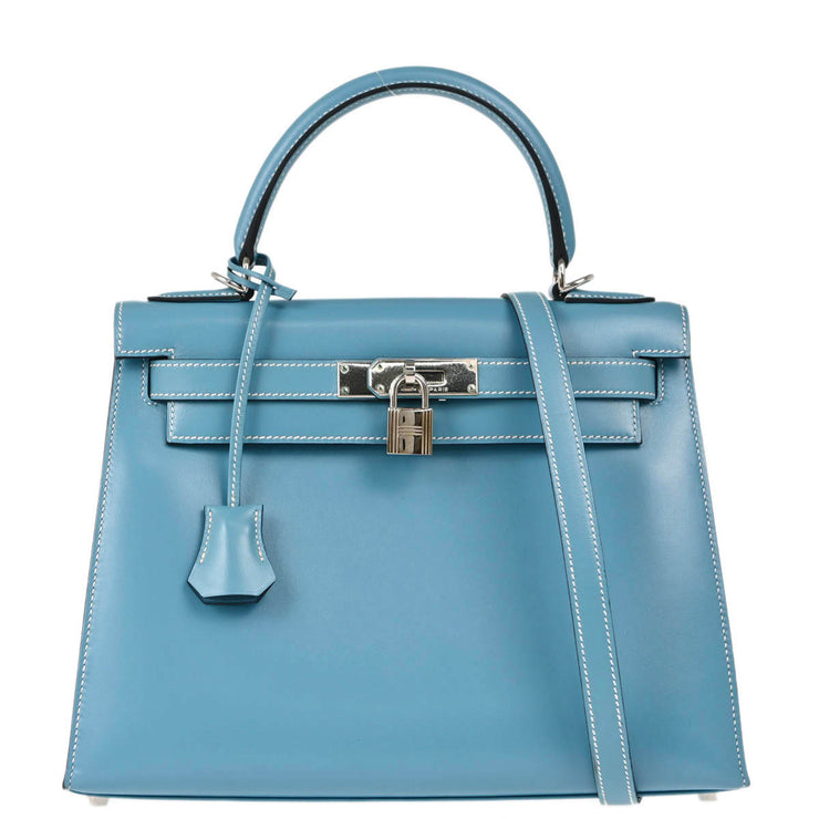 Hermes Blue Jean Box Calf Kelly 28 Sellier 2way Shoulder Handbag