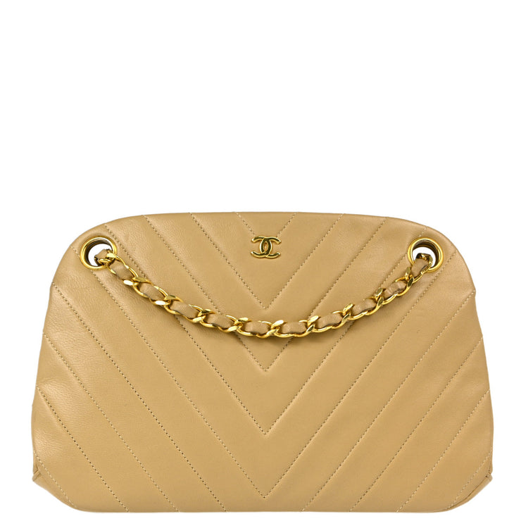 Chanel 1989-1991 Beige Lambskin Chevron Shoulder Bag