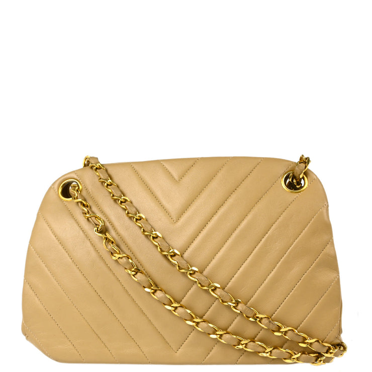 Chanel 1989-1991 Beige Lambskin Chevron Shoulder Bag