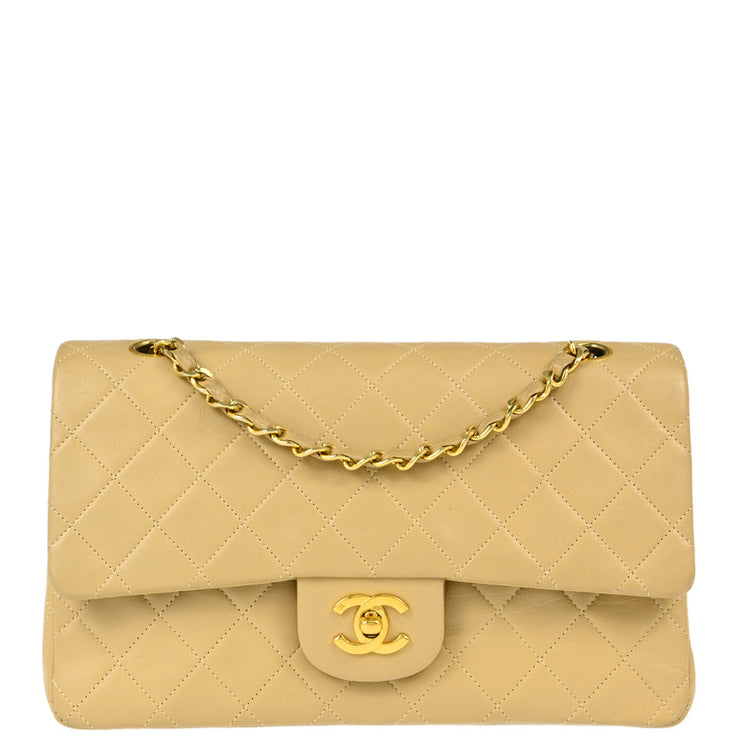 Chanel 1989-1991 Beige Lambskin Medium Classic Double Flap Shoulder Bag