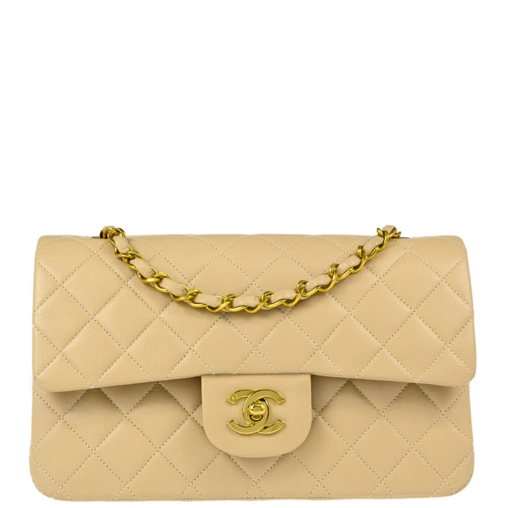 Chanel 1994-1996 Beige Lambskin Small Classic Double Flap Shoulder Bag