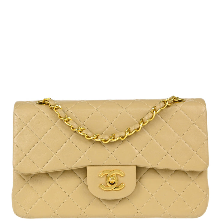 Chanel 1989-1991 Beige Lambskin Small Classic Double Flap Shoulder Bag