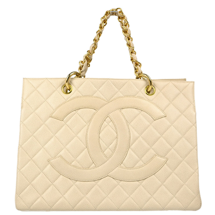 Chanel 1997-1999 White Caviar Chain Tote Handbag