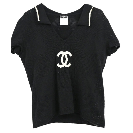 Chanel 2001 Short Sleeve Sweater Knit Top Black #40