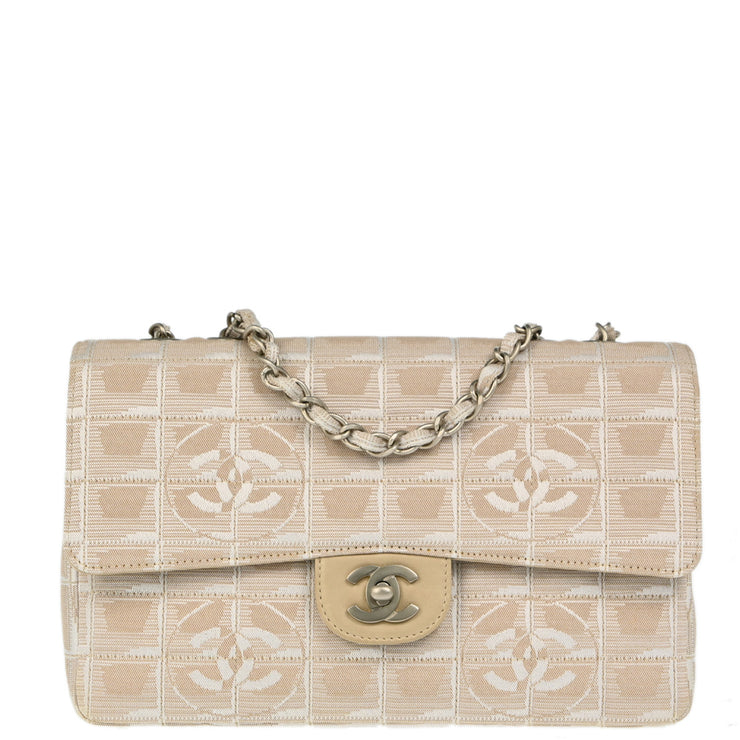 Chanel 2001-2003 Beige Jacquard Nylon Travel Line Single Flap Shoulder Bag