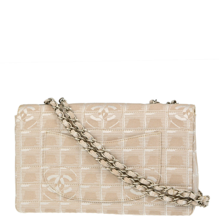 Chanel 2001-2003 Beige Jacquard Nylon Travel Line Single Flap Shoulder Bag