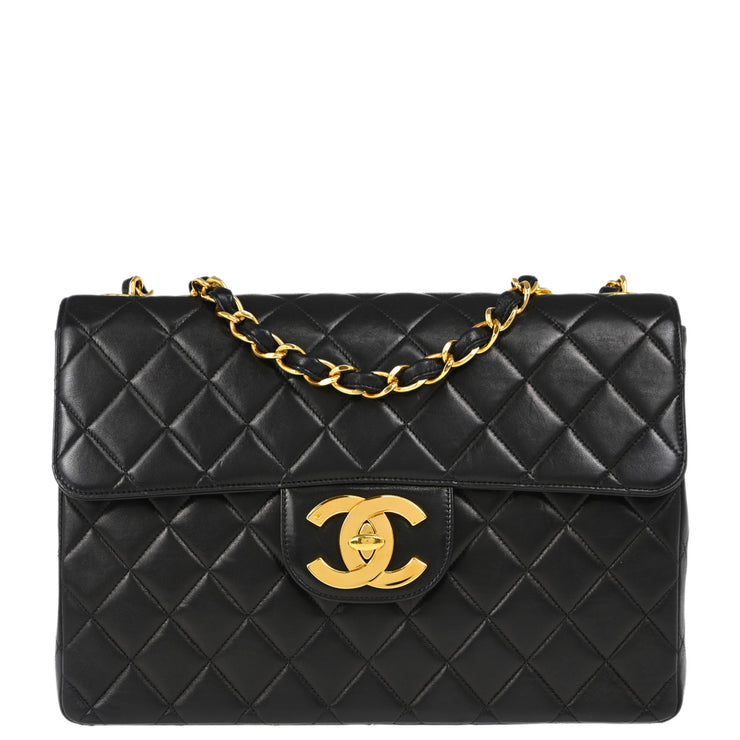 Chanel 1994-1996 Black Lambskin Jumbo Classic Flap Shoulder Bag