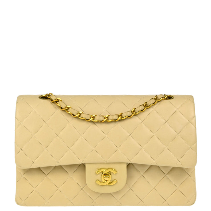 Chanel 1994-1996 Beige Lambskin Medium Classic Double Flap Shoulder Bag