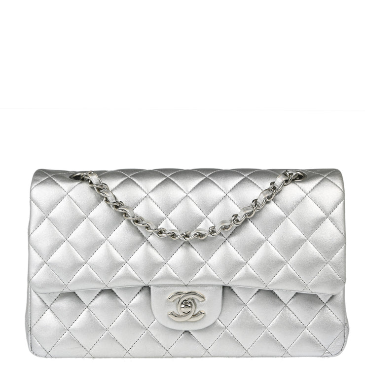 Chanel 2009-2010 Metallic Silver Lambskin Medium Classic Double Flap Shoulder Bag