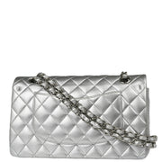 Chanel 2009-2010 Metallic Silver Lambskin Medium Classic Double Flap Shoulder Bag