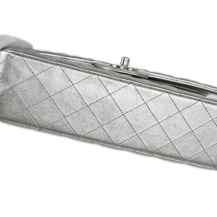 Chanel 2009-2010 Metallic Silver Lambskin Medium Classic Double Flap Shoulder Bag