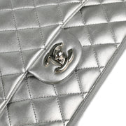 Chanel 2009-2010 Metallic Silver Lambskin Medium Classic Double Flap Shoulder Bag