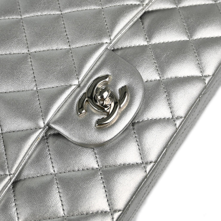 Chanel 2009-2010 Metallic Silver Lambskin Medium Classic Double Flap Shoulder Bag