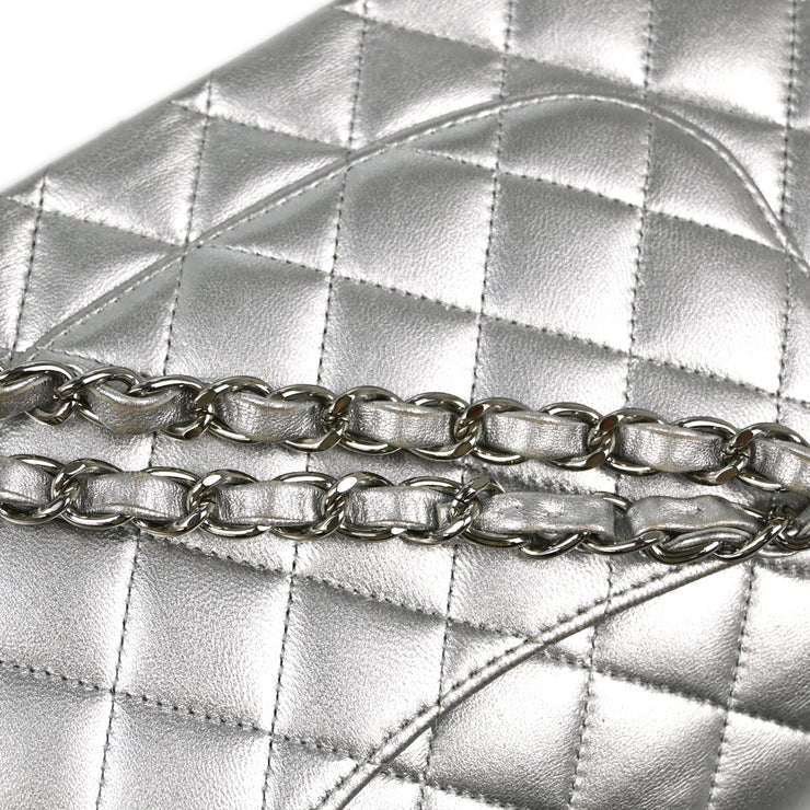 Chanel 2009-2010 Metallic Silver Lambskin Medium Classic Double Flap Shoulder Bag