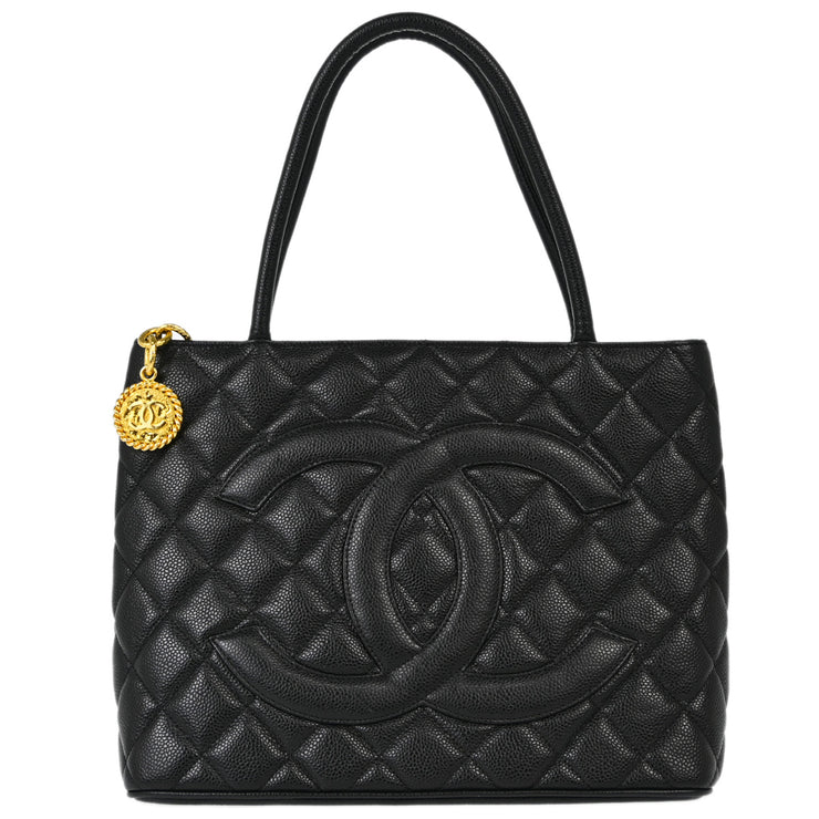 Chanel 2001-2003 Black Caviar Medallion Tote Handbag