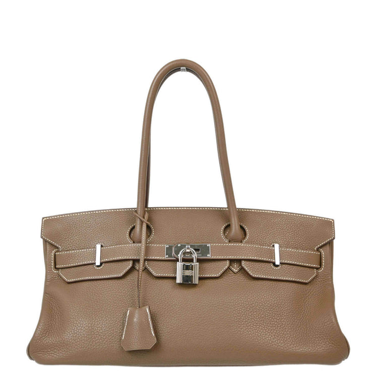 Hermes Etoupe Taurillon Clemence Shoulder Birkin Handbag