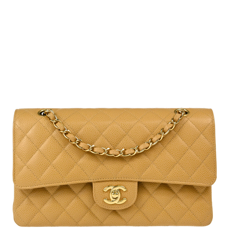 Chanel 2003-2004 Beige Caviar Medium Classic Double Flap Shoulder Bag